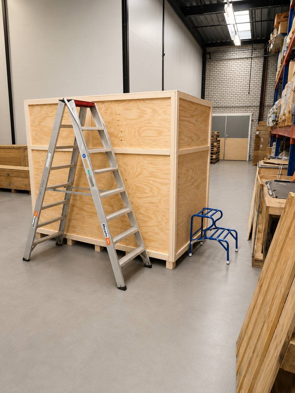 Grote houten exportkist op maat in de werkplaats van Cargo Donkey in Hoofddorp, met ladder en magazijnstellingen op de achtergrond.