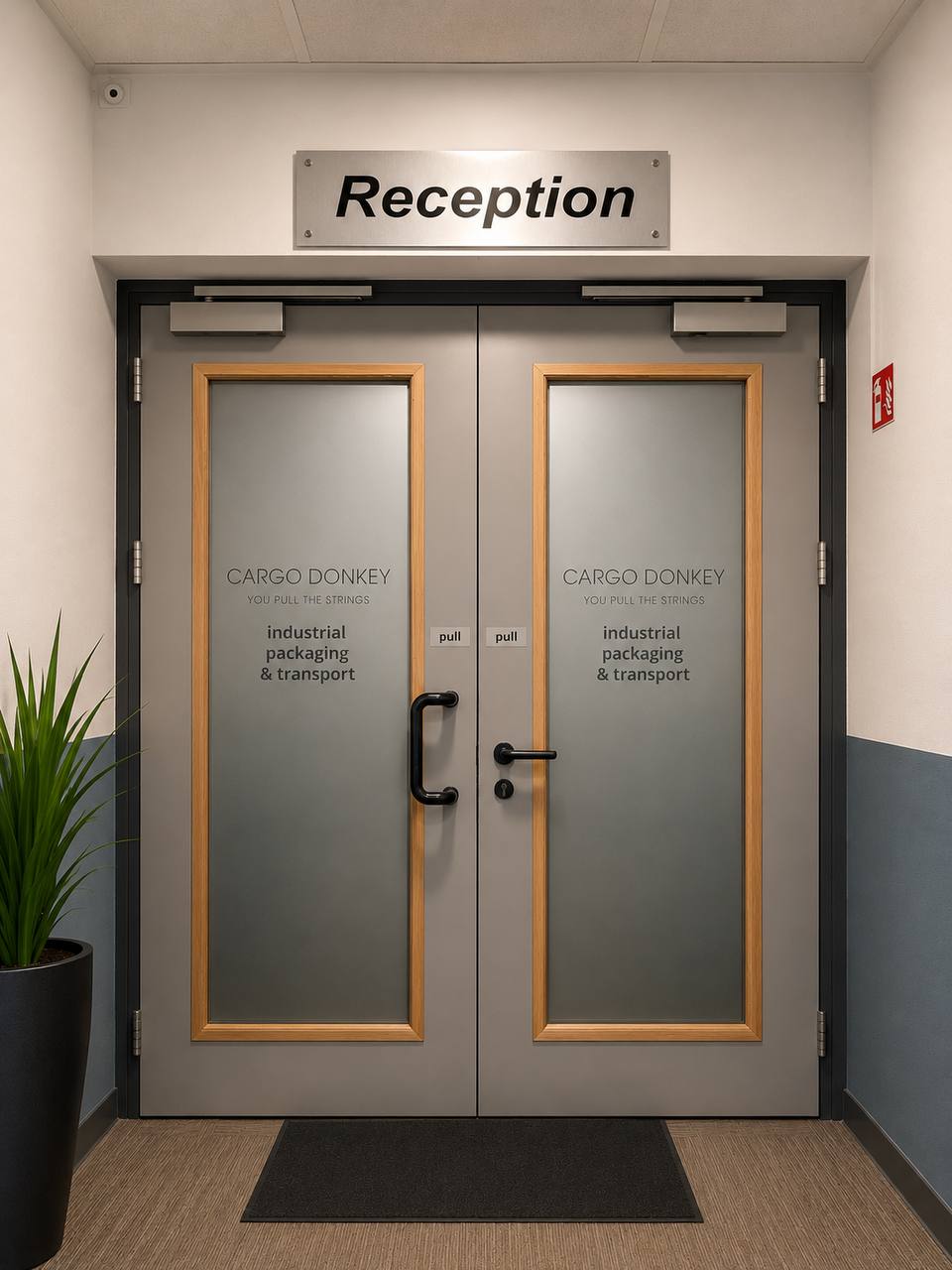 Reception-ingang met Cargo Donkey industrial packaging & transport belettering in Hoofddorp.