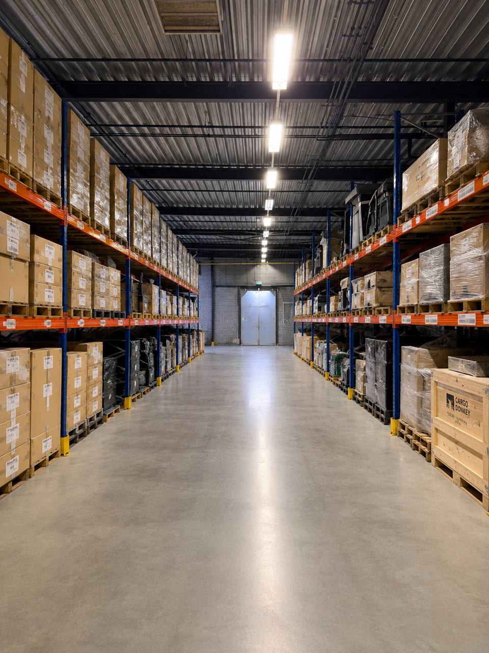 Magazijnpad met palletopslag en Cargo Donkey exportkist in Hoofddorp.